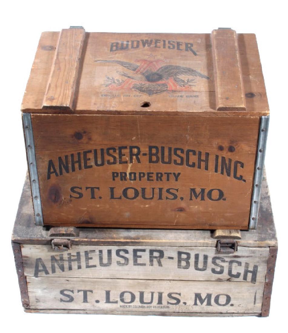 Anheuser-Busch Wooden Boxes: Up for bidding is a set of Anheuser-Busch wooden boxes. Original 1918 Anheuser-Busch beer crate with hinged lid. Dated 1918 on the left side. The right side and front images have worn with age. Made b