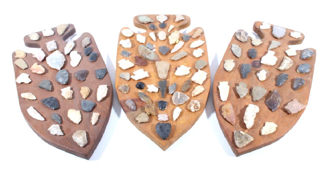 Native American Indian Arrowheads & Artifacts: Offered for sale is a Native American Indian Arrowheads & Artifacts. The lot features a collection of Native American Indian arrowheads, points, and scrapers on wooden plaques. There are a total of 10