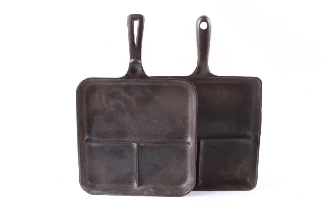 Wagner Ware Cast Iron Bacon Egg Breakfast Skillets: This lot features a pair of antique Wagner Ware Bacon and Egg Breakfast Skillets. They are marked "WAGNER WARE SIDNEY -O- BACON AND EGG BREAKFAST SKILLET" while one reads "PAT. PENDING." Both skillets