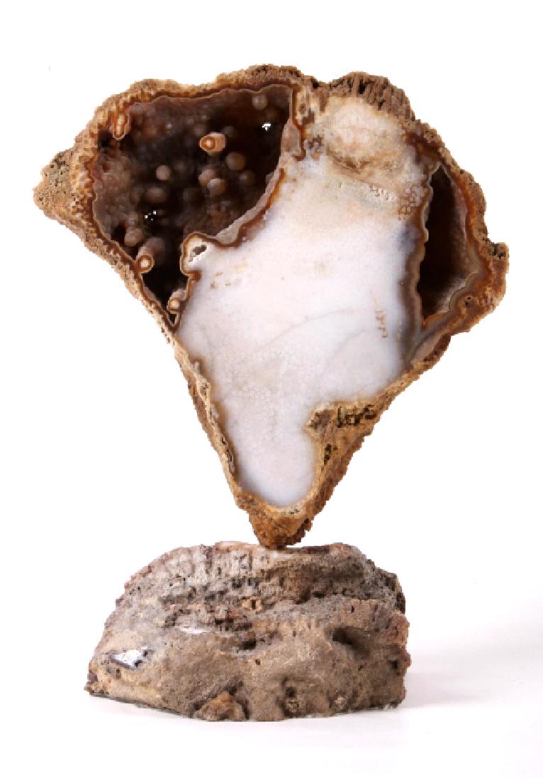 Unique Polished Agatized Coral Geode Display: Featured in this lot is a polished Agatized Coral geode display. Agatized coral is the state stone for the state of Florida. This geode is polished and shows a pearl-colored quartz in the center. The 