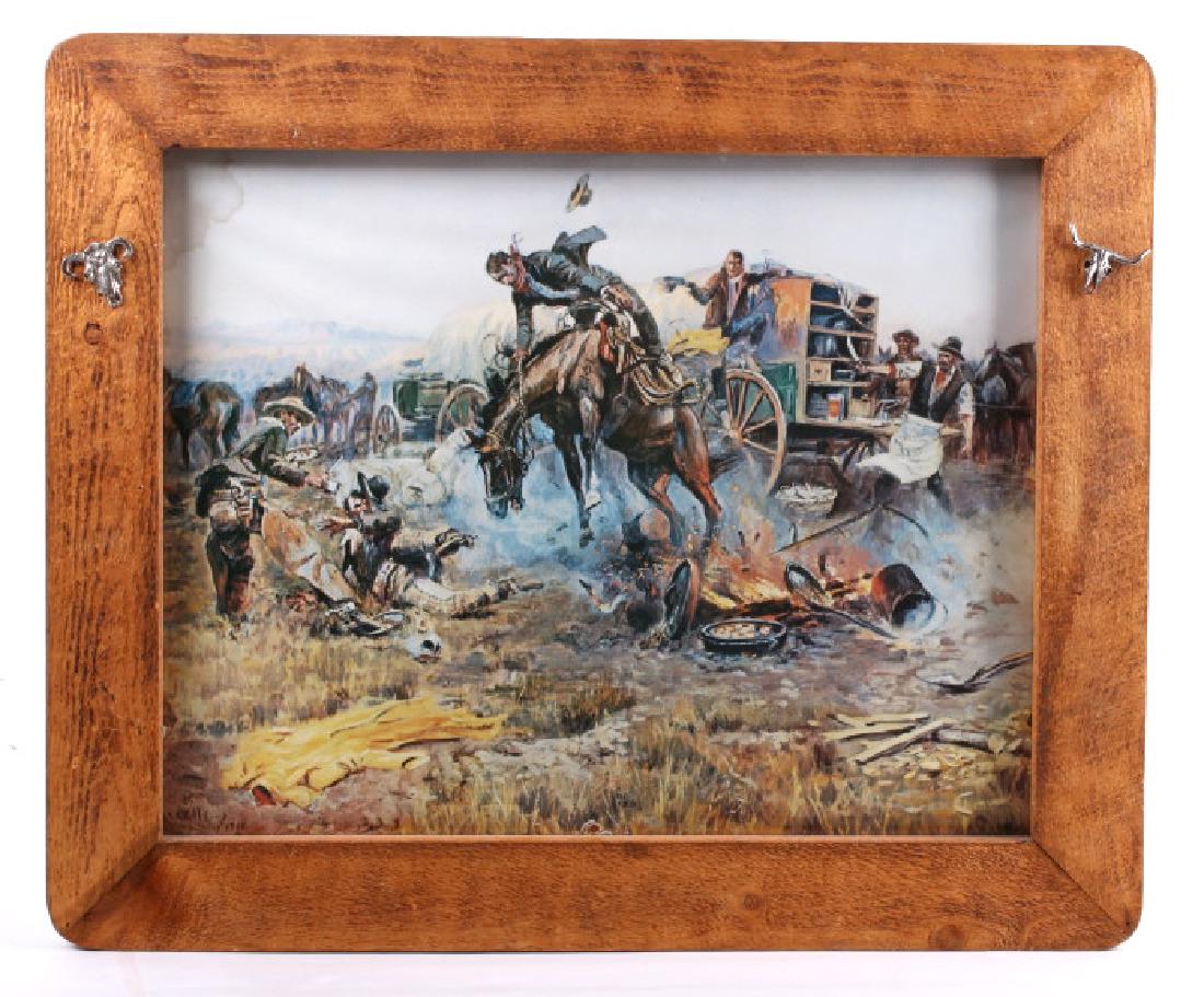 1912 C.M. Russell Bronc to Breakfast Framed Print: This lot features a famous print of Charles Russell's original work "Bronc to Breakfast." Charles Marion Russell (March 19, 1864 – October 24, 1926),also known as C. M. Russell, Charlie Russell, and