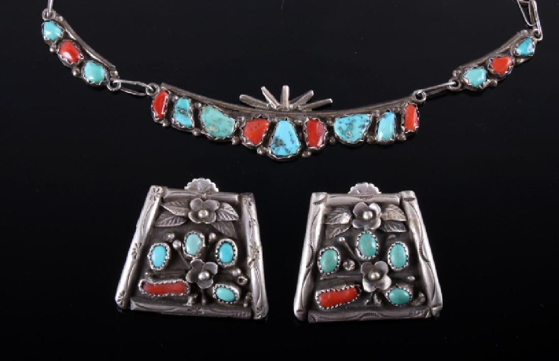 Navajo Turquoise & Coral Old Pawn Jewelry Set: Featured in this lot is a set of Navajo turquoise and coral old pawn jewelry. The first is a Sleeping Beauty Turquoise and Ox Blood Coral sterling necklace. It features three sterling plates, each wit