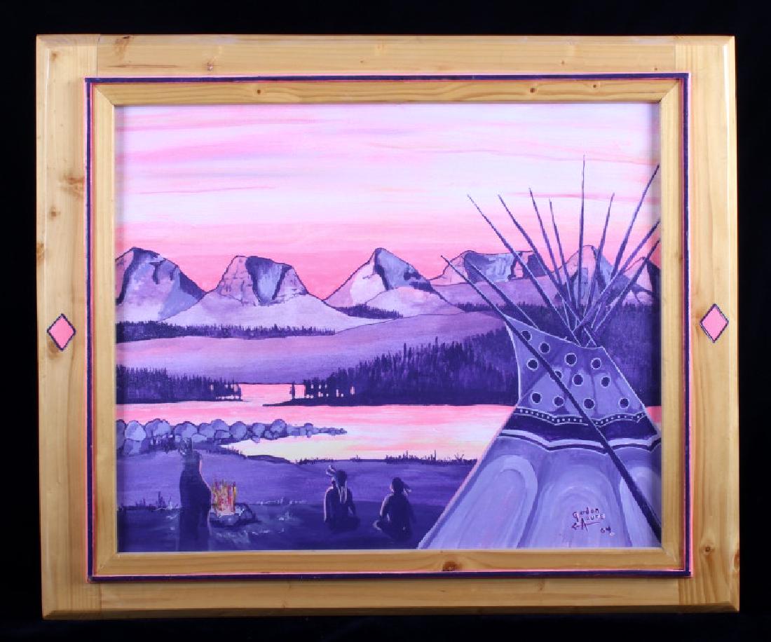Original Gordon Arute Oil on Canvas Teepee Scene: Offered for bidding in this lot is an original Gordon Arute oil on canvas of a brightly colored Native American Indian teepee at sunset. The teepee sits prominently in the foreground, along with three