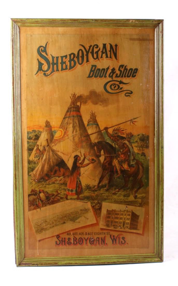 Sheboygan Boot & Shoe Co. Vintage Advertising Sign: For your consideration is a vintage Sheboygan Boot & Shoe Co. advertising sign, circa 1891. This sign is framed and marked "SHEBOYGAN BOOT & SHOE CO. / SHE-BOY-AGAIN ORIGIN OF THE NAME OF THE CITY OF 