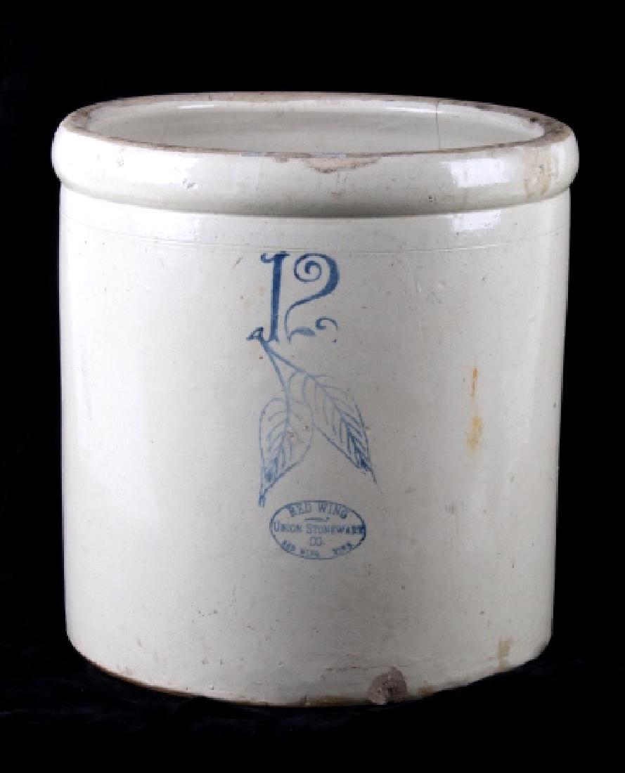 Early 1900's Red Wing 12 Gallon Crock: This lot features a rare 12-gallon Red Wing crock from the early 1900's. Red Wing Union Stoneware, now Red Wing Pottery, refers to American stoneware, pottery, or dinnerware items made by a company in