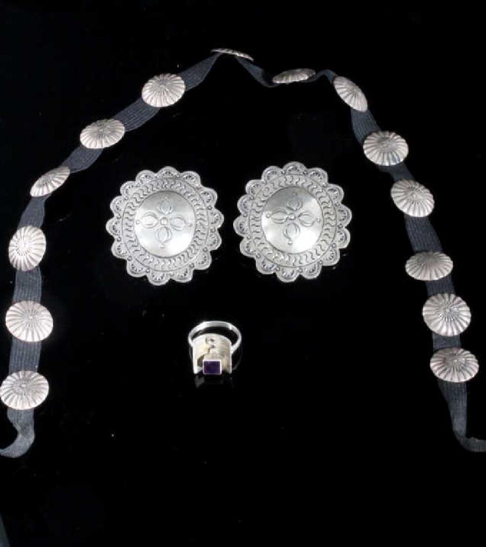 Sterling Silver Concho Hat band, Earrings and Ring: For your consideration is a sterling silver concho hat band, earrings and ring. The concho's are untested silver. There are 14 individual concho's on a piece of fabric measuring 21" long. The earrings