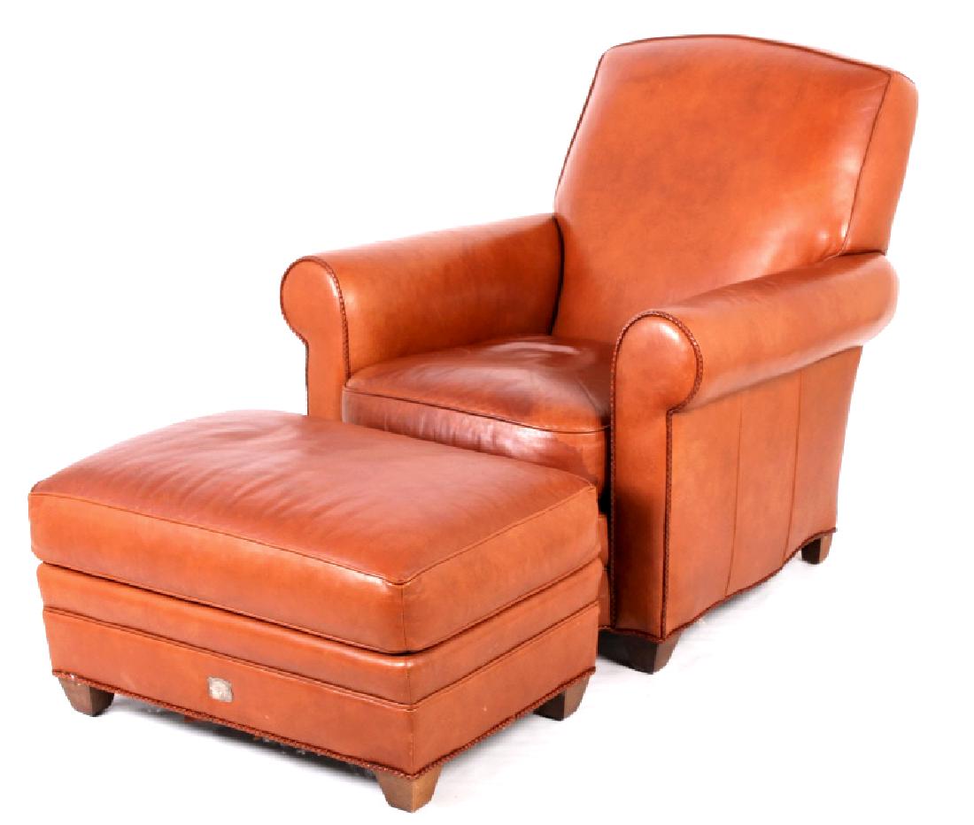Edward H. Bohlin Leather Chair With Ottoman: Included for sale in this lot is a custom genuine leather arm chair and ottoman by the renowned Edward H. Bohlin, out of Hollywood, California. Edward Bohlin and his carefully selected team of leather