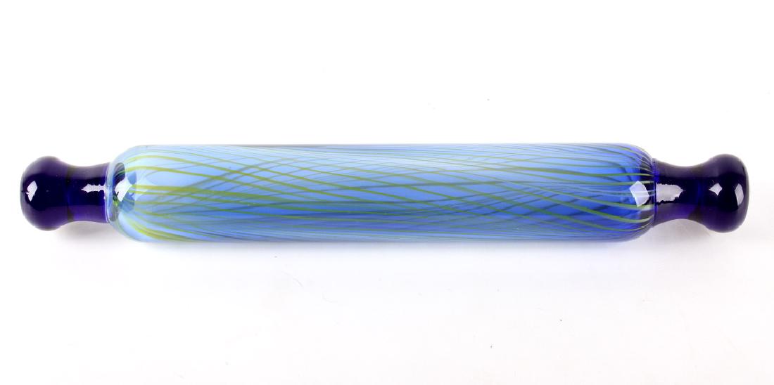 Blown Art Glass Cobalt Blue Striped Rolling Pin: For your consideration is this blown art glass cobalt blue striped rolling pin. This rolling pin measures 17" long and is in excellent condition. It has no cracks or chips.