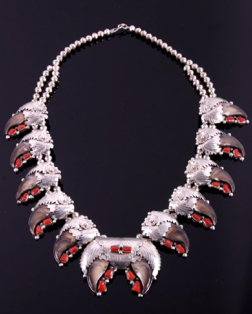 Navajo GE, Bear Claw & Brach Coral Squash Blossom: For your consideration is a Navajo Native American signed Gary Edwards sterling silver, bear claw and branch coral squash blossom necklace. This extravagant squash blossom necklace features ten bear c