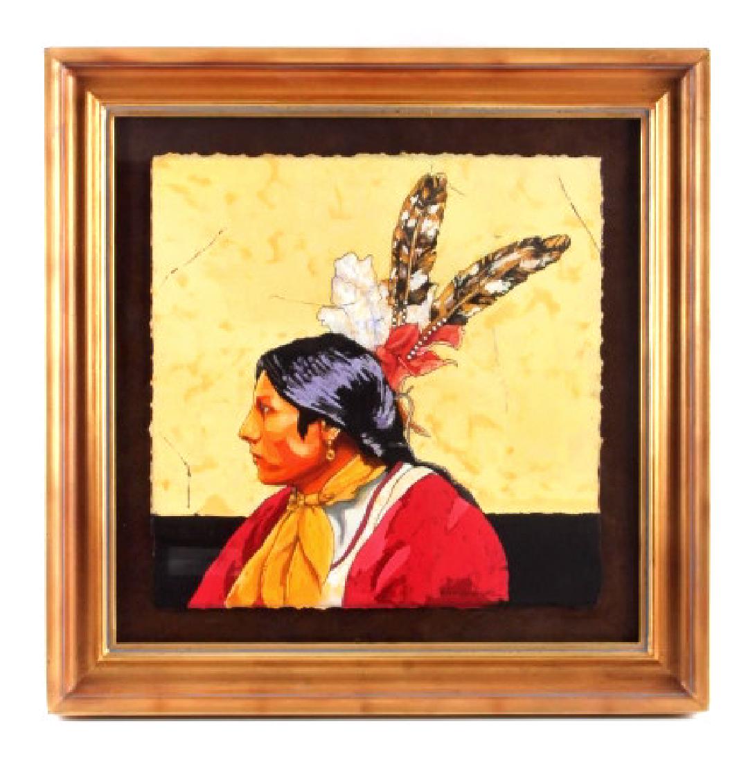 Echo Ukrainetz Original "Amos Two Bulls" Batik: This is an original Echo Ukrainetz batik titled "Amos Two Bulls Sioux Backstage". The piece shows a wonderful depiction of Amos Two Bulls who was a performer for Buffalo Bill's Wild West show in the l
