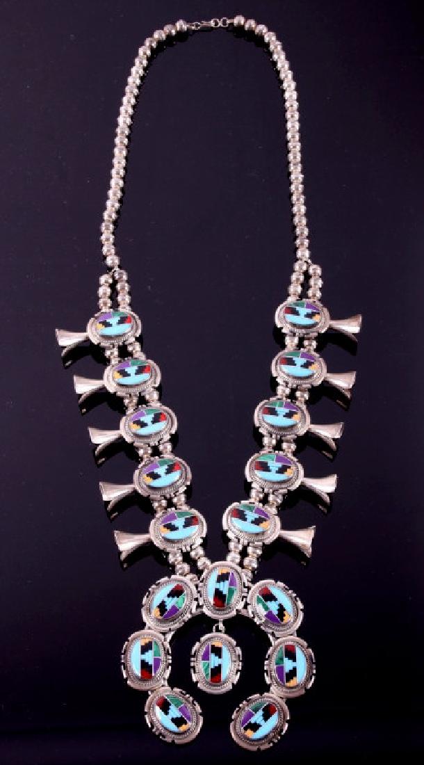 Navajo Jon McCray Multistone Inlaid Squash Blossom: For your consideration is a Jon McCray Navajo multi stone inlaid Squash Blossom necklace. This magnificent Navajo Native American Indian squash blossom necklace, signed and crafted by expert Navajo si