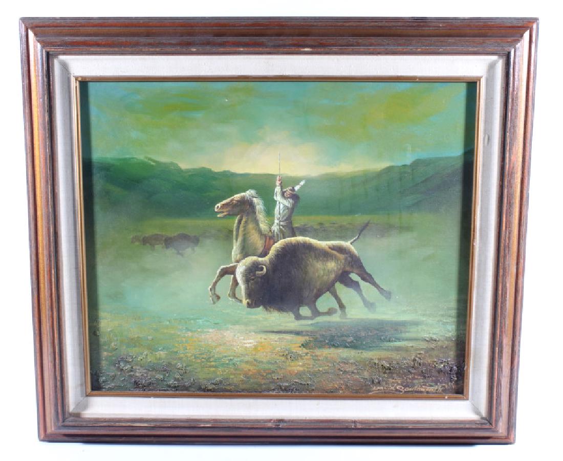 David Southworth Hunting Buffalo Oil On Canvas: Featured in this lot we have a oil on canvas called "Indian on Horseback Hunting Buffalo' by David Southworth. The piece shows the image of a Native American on the back of a horse thrusting a spear i