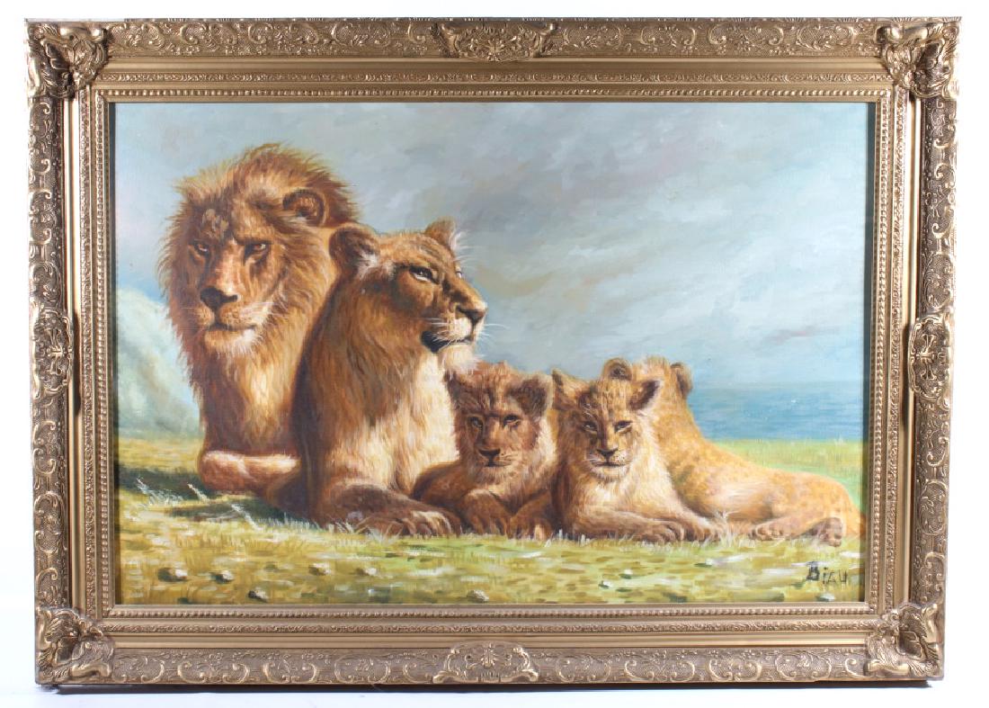 Original Lion Family Painting Signed By Biau: Included in this lot we have a original lion family painting signed by Biau. The painting shows a family of five lions laying down on grass and rock strewn ground. The group consists of a large male l