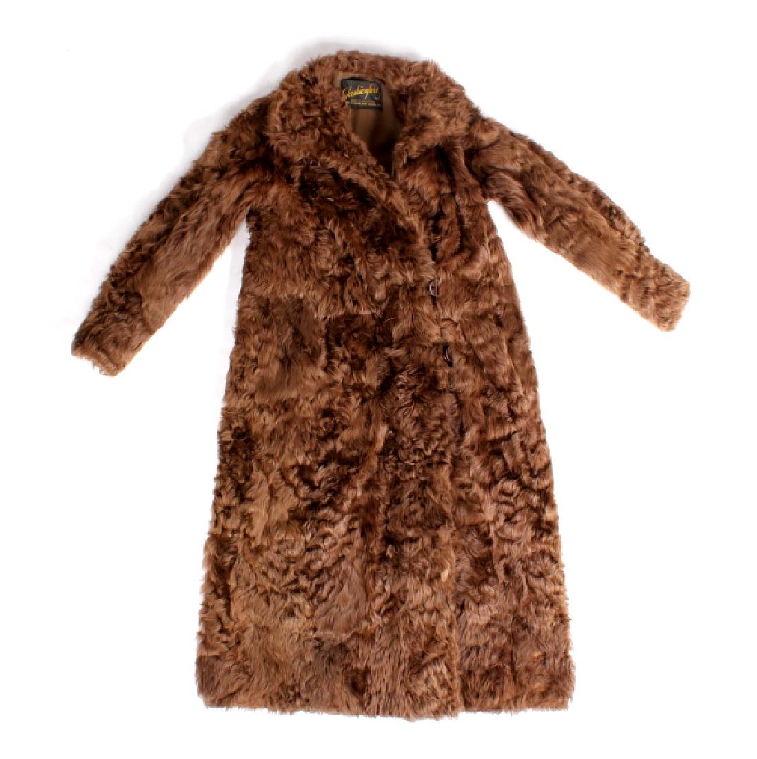 Antique Ladies Rabbit Fur Custom Coat: For your consideration is this custom made, unusual Rabbit fur coat. The full length coat has a somewhat curly, short brown fur, Bakelite buttons, and a brown satin lining. The tag inside the coat rea
