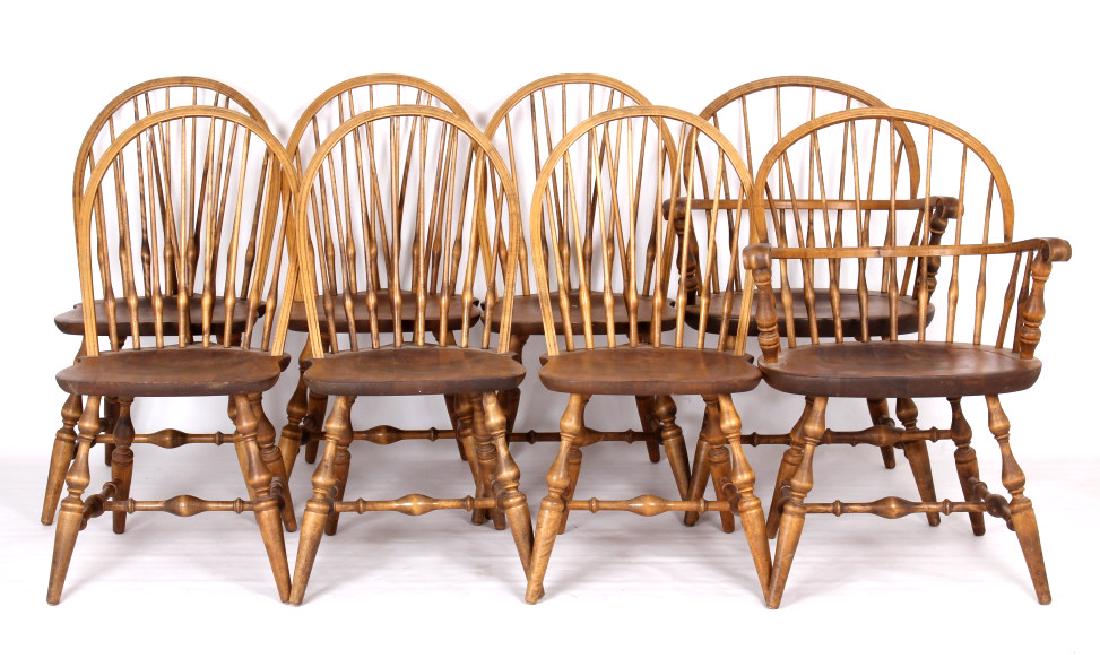 Early Windsor Back Nichols & Stone Chairs (8): Featured in this lot we have a collection of 8 Windsor style wood chairs from Nichols and Stone dining room chairs. The chairs show lathe turned legs with a Windsor style back. The chairs are marked o