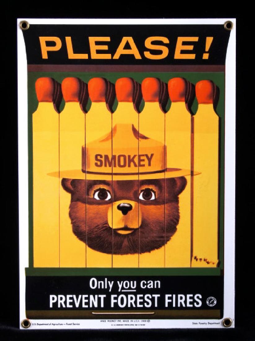 Smokey Bear U.S. Forest Service Porcelain Sign: This is a Smokey Bear porcelain enamel sign. Smokey Bear was adopted by the U.S. Forest Service back in the 1940's as part of their campaign to prevent forest fires. This sign shows a book of matches