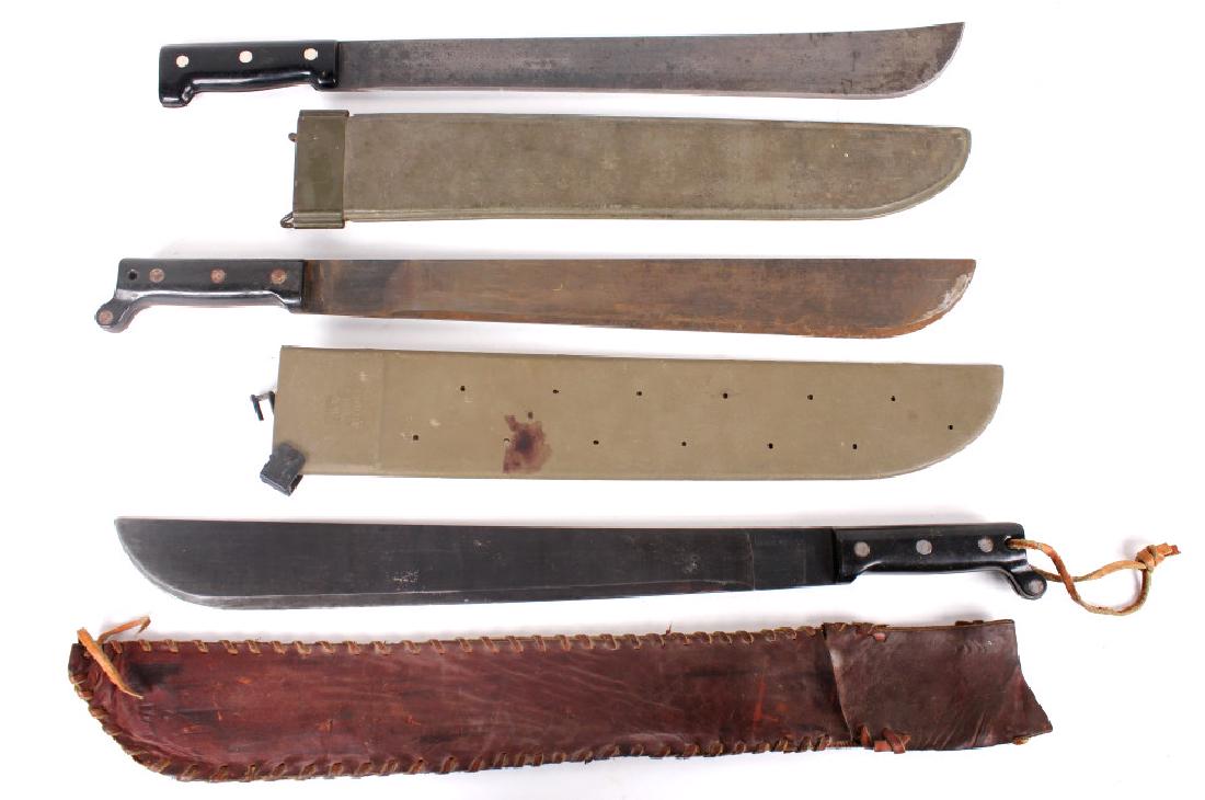 WWII & Later U.S. Military Machetes (3): This lot features three unique machetes. One a WWII era English made military issue machete. These machetes were used by various units throughout the armed forces during the second world war. This one