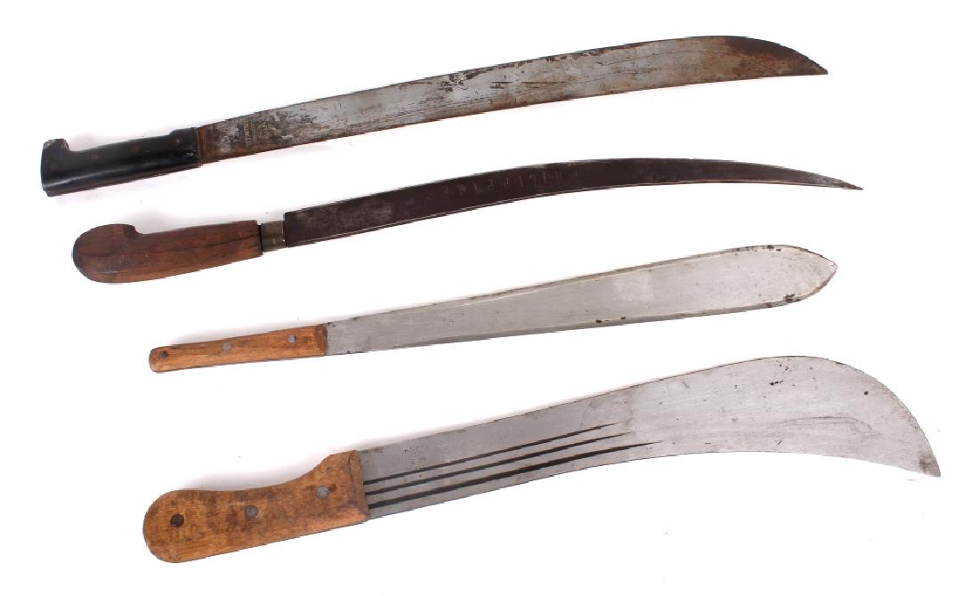 Early Handmade Machete Collection (4): This lot features four machetes of various types. The first is a machete marked "Legitimus-Collins & Co". It has a black plastic handle and the blade was painted at some point in the past with much of