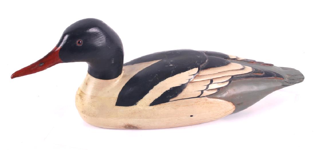 Tom Taber Common Merganser Signed Decoy: For your consideration is an original Tom Taber Common Merganser signed Decoy. This large decoy demonstrates the mastery of decoy carving by Tom Taber. The paint remians in good condition with minor w