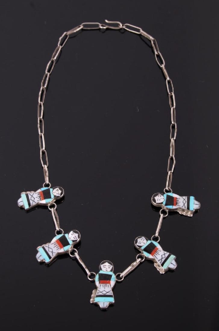 Signed Zuni Maiden Inlay Necklace: For your consideration is a signed Zuni Native American Maiden Inlay Necklace. This amazing Zuni piece features five Maiden pieces inlaid with turquoise, onyx, ox blood coral, and mother of pearl. The