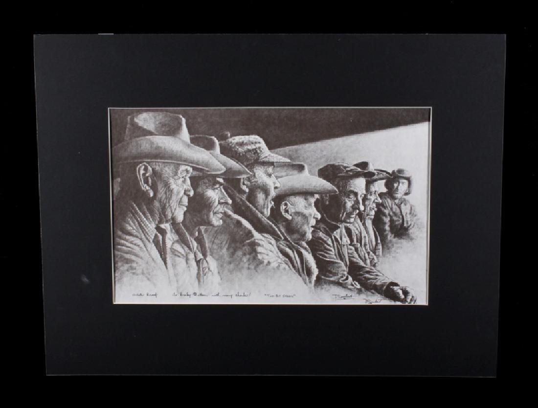 "Two Bit Steers" Artist Proof by Tom Saubert: Included in this lot is an artist proof "Two Bit Steers" by Tom Saubert. This print depicts the grizzled faces of seven weathered ranchers. The artist proof has a personal touch "To Beck Mattson with