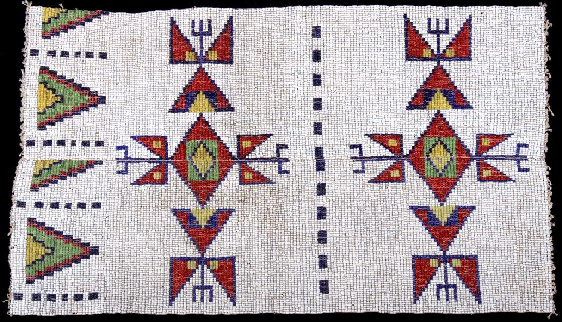 Sioux Multi Colored Beaded Loom Piece c. 1800's: Included in this lot we have a Sioux Multicolored beaded loom piece originating from the 19th century. The beaded loom piece shows colorful geometric patterns. The beaded designs shows colors a blue, 