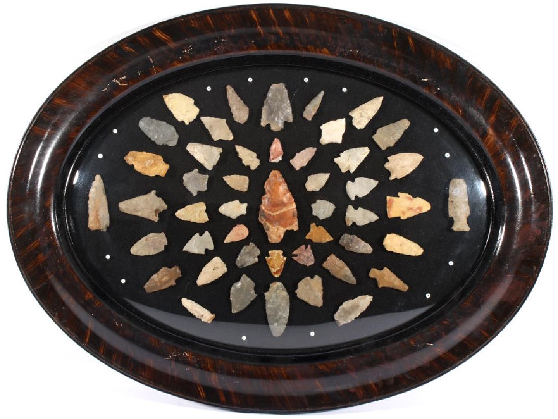 Pre- Historic Native American Arrowhead Collection: Featured in this lot we have a pre-historic Native American arrow and spear heads collection. The collection consists of 47 arrow and spear heads. The display shows arrow heads, dovetails, spear point