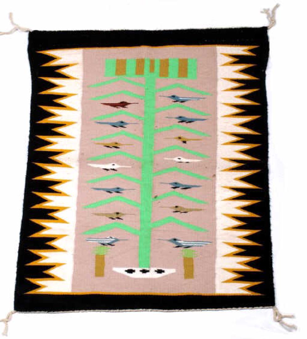 Navajo Tree of Life Pictorial Wool Rug: For your consideration is this tightly woven Navajo Tree of Life pictorial wool rug. Navajo Tree of Life weavings all feature a central stalk of corn, the Navajo Tree of Life, emerging from a sacred m