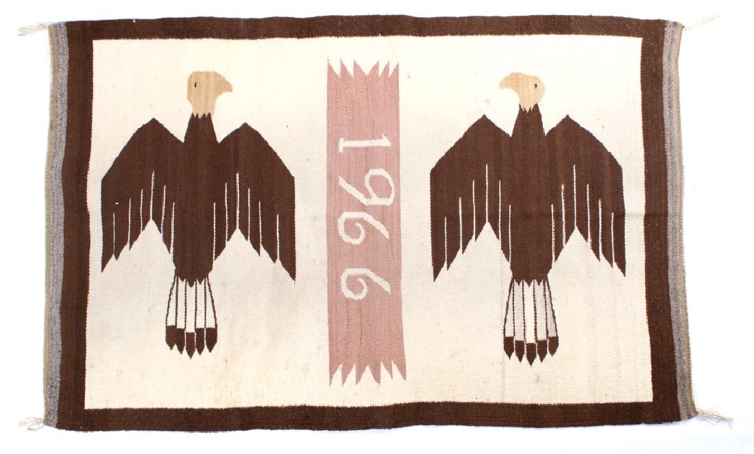 Navajo 1966 Pictorial Twin Bald Eagle Rug: For your bidding pleasure is this Navajo 1966 Twin Bald Eagle Rug. This rug is in good condition, tightly woven with the pictorial twin Bald eagles in symmetry with one another. Each corner has a beig