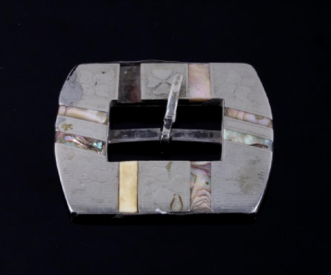 Northwest Coast Silver & Abalone Buckle: For your bidding pleasure is this Northwest Coast Silver & Abalone Buckle. This is a beautiful square iron belt buckle with silver overlay, with floral stamped border having bone and abalone strips in