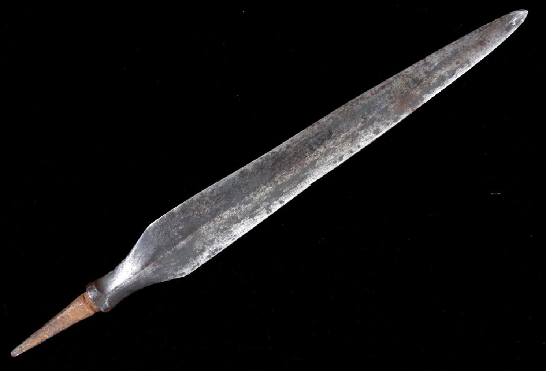 Revolutionary War c. 1776 Spontoon or Plug Bayonet: This is a spectacular example of an American Revolutionary War spontoon or plug bayonet dating to circa 1775-1776. The piece shows a forged iron large blade showing a superb medium ridge that was fine