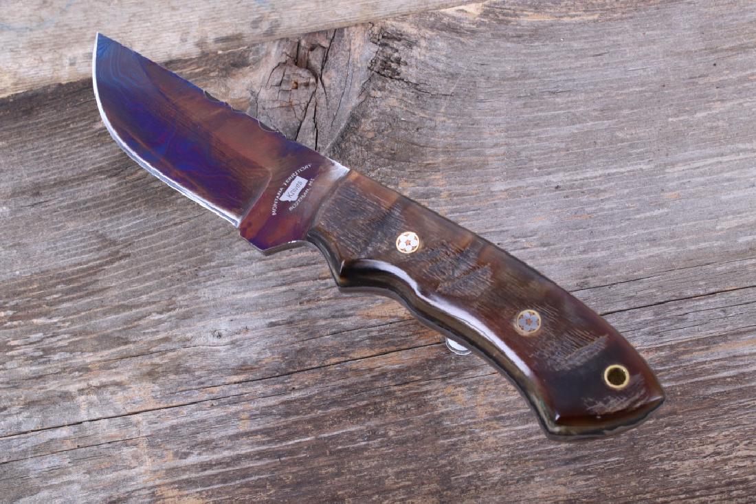 M.T. Knives Bozeman Damascus & Ram Heat Treated: This is an original handmade high-quality feather Damascus knife from the Montana Territory Knives of Bozeman, Montana. The knife blade has been forged from 396 layers of very high quality 1095HC (Hig