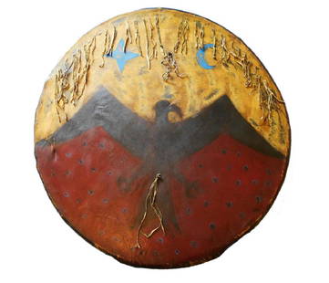 Cheyenne Ghost Dance Shield c. 1890 Yankton Museum: This is an important and authentic circa 1890 Northern Cheyenne Native American Indian polychrome painted stretched hide rum from the Ghost Dance movement. The piece was collected from a Cheyenne Indi