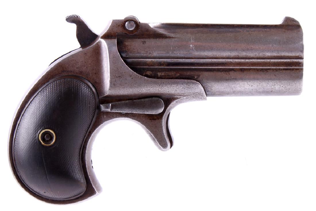 Remington Arms Type II O/U .41 Derringer 1880-191: This is a Remington Type II O/U Derringer pistol chambered in the .41 rimfire caliber. The pistol features a patina'd nickel finished frame and barrels with a spur trigger and factory hard rubber grip