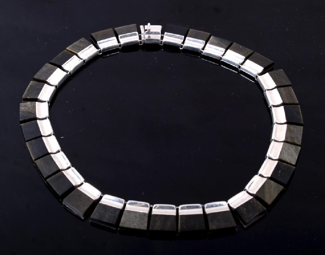 Taxco Silver Dark Labradorite Tedesha Necklace: For your bidding pleasure is this Taxco Silver Dark Labradorite Tedesha Necklace. This collar necklace is made in Taxco, Mexico and is stamped with .925 along with the Tedesha signature and stamp the