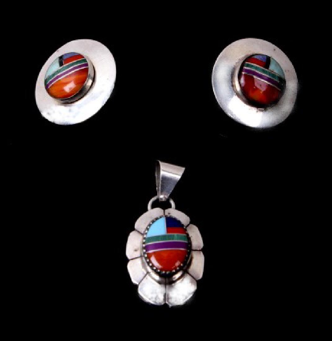 Navajo Sterling Multi Stone Earrings & Pendent: For your bidding pleasure is this Navajo Sterling Multi Stone Earrings & Pendent. The earrings and pendent boasts an abundance of semi-precious stones, including; turquoise, oxblood coral, malachite,