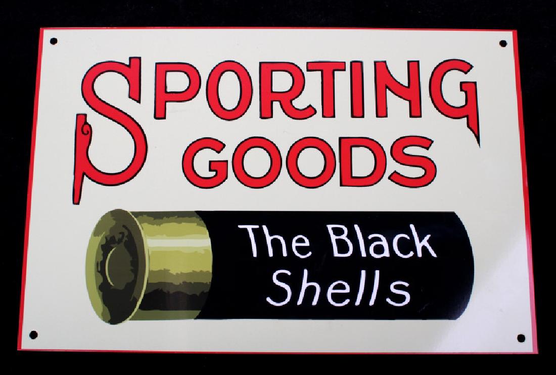 US Ammo & Black Shell Sporting Goods Steel Sign: For your bidding pleasure is this US Ammo & Black Shell Sporting Goods Steel Sign. This sign is in pristine condition, it doesn't seem to have any wear. This sign has a red border with a beige field w