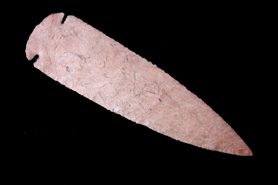 Dovetail St. Charles Spear Point c. 9000-6000 BC: The lot features an authentic original Pre-Historic Dovetail or St. Charles long spear point artifact. The paleo neo-lithic point comes with a Certificate of Authenticity (COA) from Gregory's Antiquit
