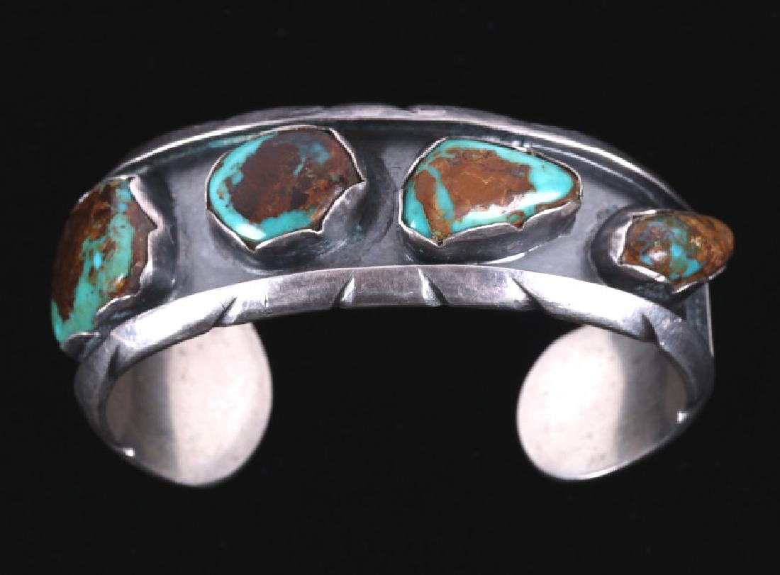Navajo King's Manassa Turquoise Sterling Bracelet: For your consideration is a signed Navajo Native American King's Manassa turquoise sterling silver bracelet. This bracelet features four polished King's Manassa cabochons set in shadow boxes along the