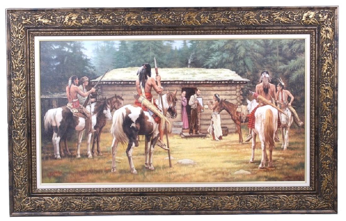 American Indian Original Painting Terpning Student: Featured in this lot we have an original signed oil on canvas painting of a trade between Native American Indians and Fronteirsman settlers. This large painting was made by a student of master western
