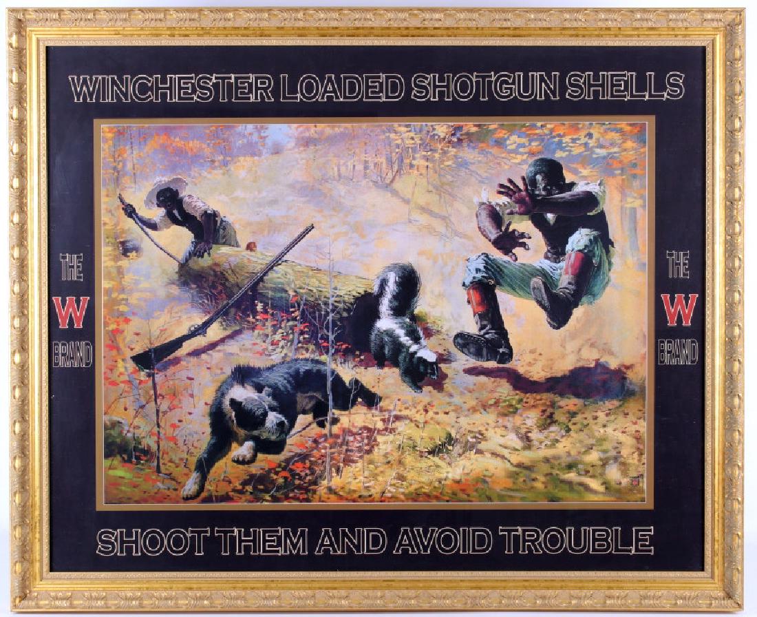 Winchester Advertising "Avoid Trouble" Print: For your consideration is this print of a 1908 Winchester shells advertisement. The print was supposed to be a humorous portrayal of a skunk being prodded out of a hollow log. An African-American fath
