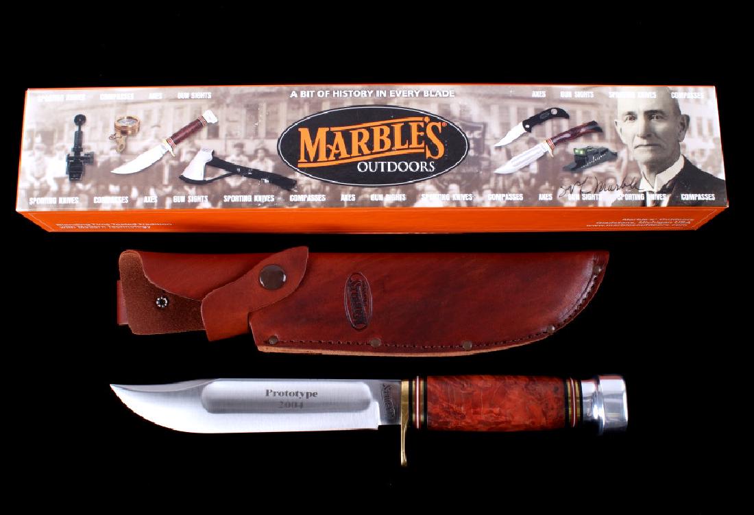Marble's 9" Ideal 2004 Prototype Burl Handle Knife: For your consideration is this rare, new in box, Marble's 9" Ideal 2004 Prototype, non-production, fixed blade knife with Maple Burl handle. According to the website, All About Pocket Knives, Marble's