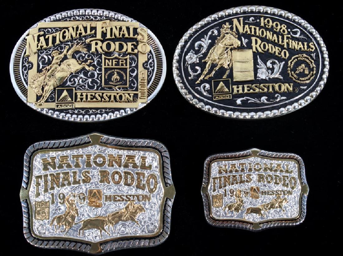 Gold & Silver Plated National Rodeo Buckles: Included in this lot we have a collection of four gold and silver plated belt buckles from Hesston for the National Finals Rodeo. The rodeo buckles are marked "National Finals Rodeo Hesston" with the