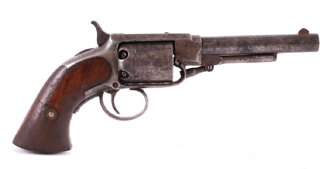 Charles Warner Windsor Locks .28 Percussion Pistol: Offered in this lot is a rare and unusual Charles Warner, Windsor Locks, Connecticut six shot percussion pocket revolver, only approximately 600 manufactured c. late 1850s. This is an extremely unusua