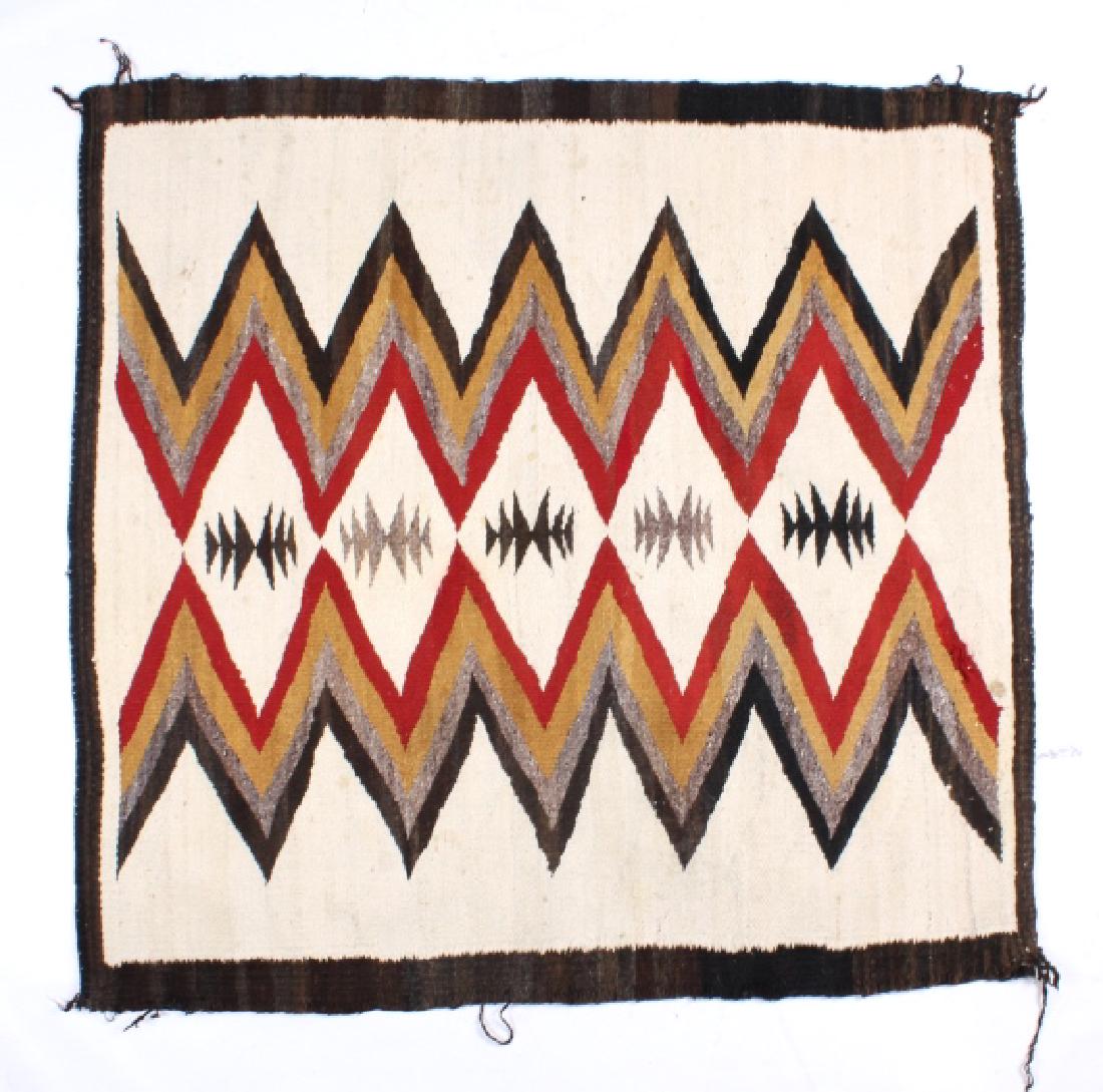 Navajo Native American Crystal Pattern Wool Rug: For your consideration is this wonderful hand woven Crystal Pattern wool rug. The rug features red, goldenrod, gray and dark brown zig-zigs on a white field with a dark brown border. The zig-zags form