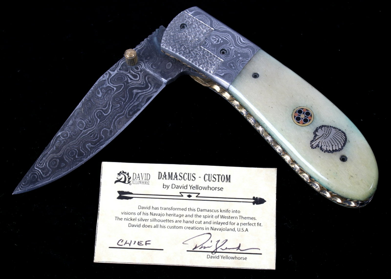 Navajo Dave Yellowhorse Damascus Chief Knife: We are proud to be one of the exclusive knife makers to offer David Yellowhorse custom Damascus pocketknives (pocket knives). David Yellowhorse has transformed this Damascus knife into visions of his