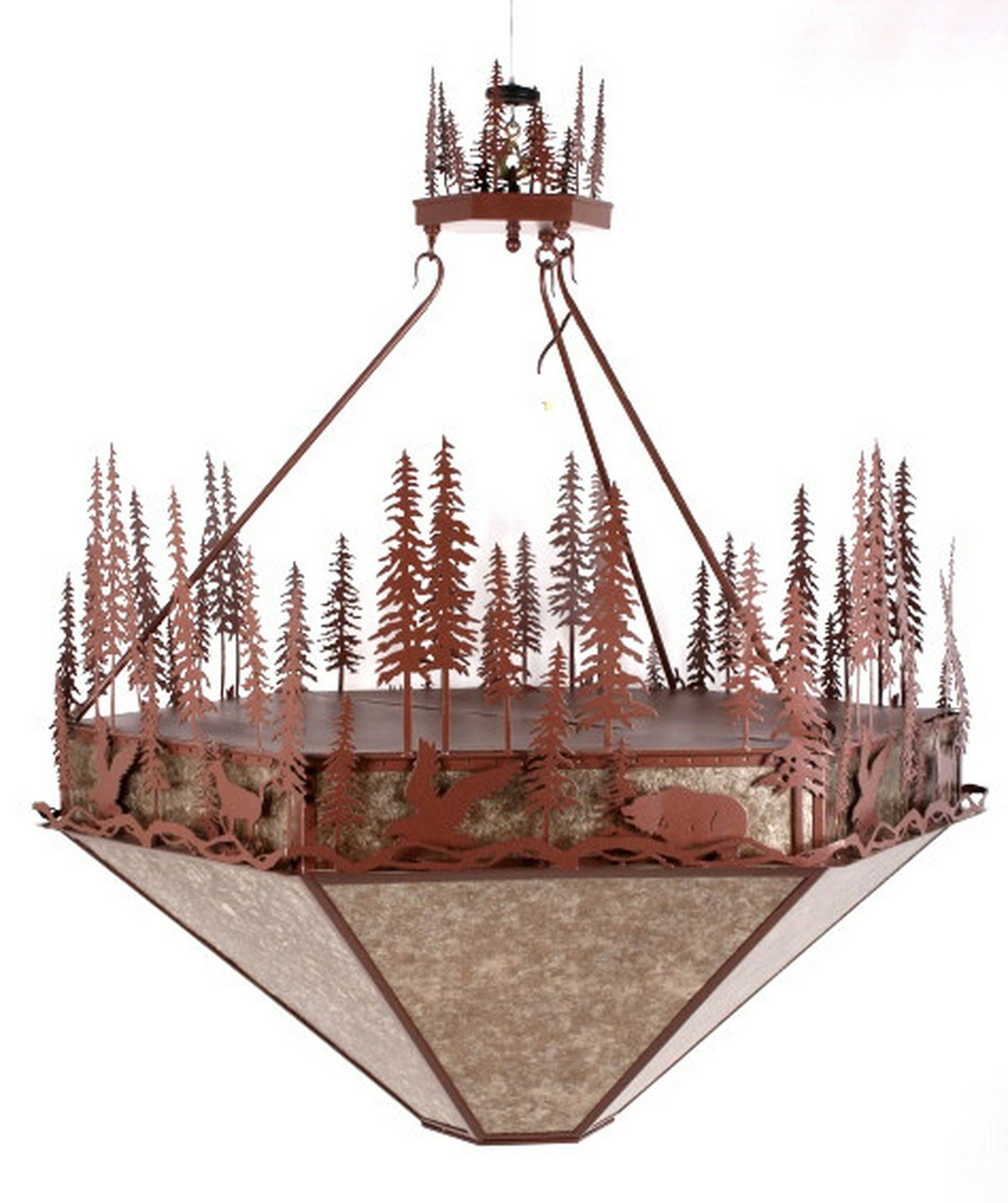Meyda Tiffany Wildlife at Pine Lake Chandelier: The lot features an exceptional custom handmade large chandelier that was made by Meyda Tiffany Custom Lighting. The piece is a Wildlife at Pine Lake Inverted Pendant model. The piece shows a hexagona