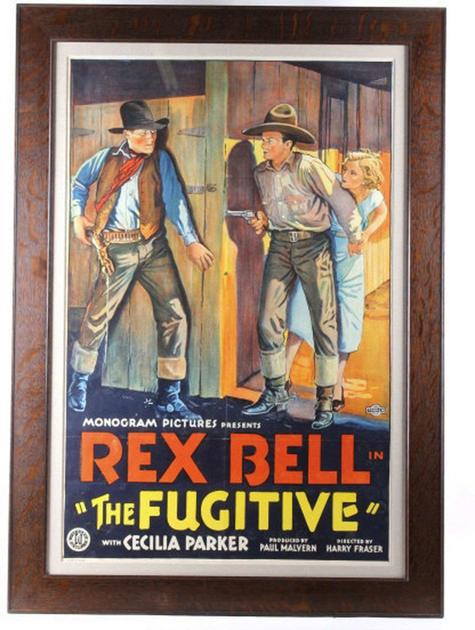 The Fugitive Western Movie Poster c. 1933 Rex Bell: This is an original first release rare authentic “The Fugitive” movie poster from circa 1933. The movie starred Rex Bell and Cecilia Parker and was released July 15, 1933. This western Cowboy movi