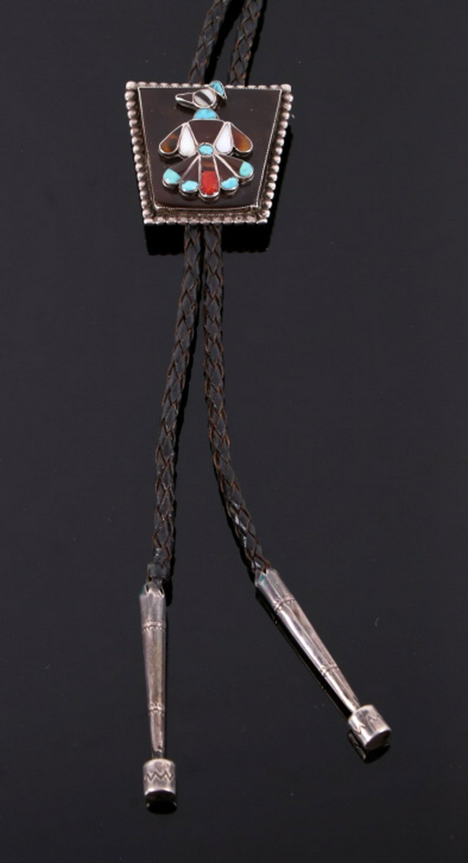 Zuni Tortoise Shell & Turquoise Bolo Tie: For your bidding pleasure is a Zuni Native American Tortoise shell and turquoise inlaid bolo tie. The tie is composed of black braided leather and are capped with stamped aglet tips. The bolo features