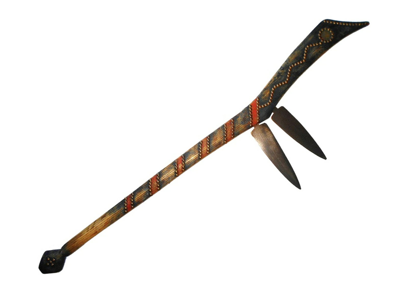 Crow Apsaalooke Spontoon Gunstock War Club 19th C.: This is an outstanding Central Plains Crow Apsaalooke double bladed Spontoon Gunstock War Club dating to the 19th Century. The piece shows a truly artistic styling with a nice brass trade tacked patte